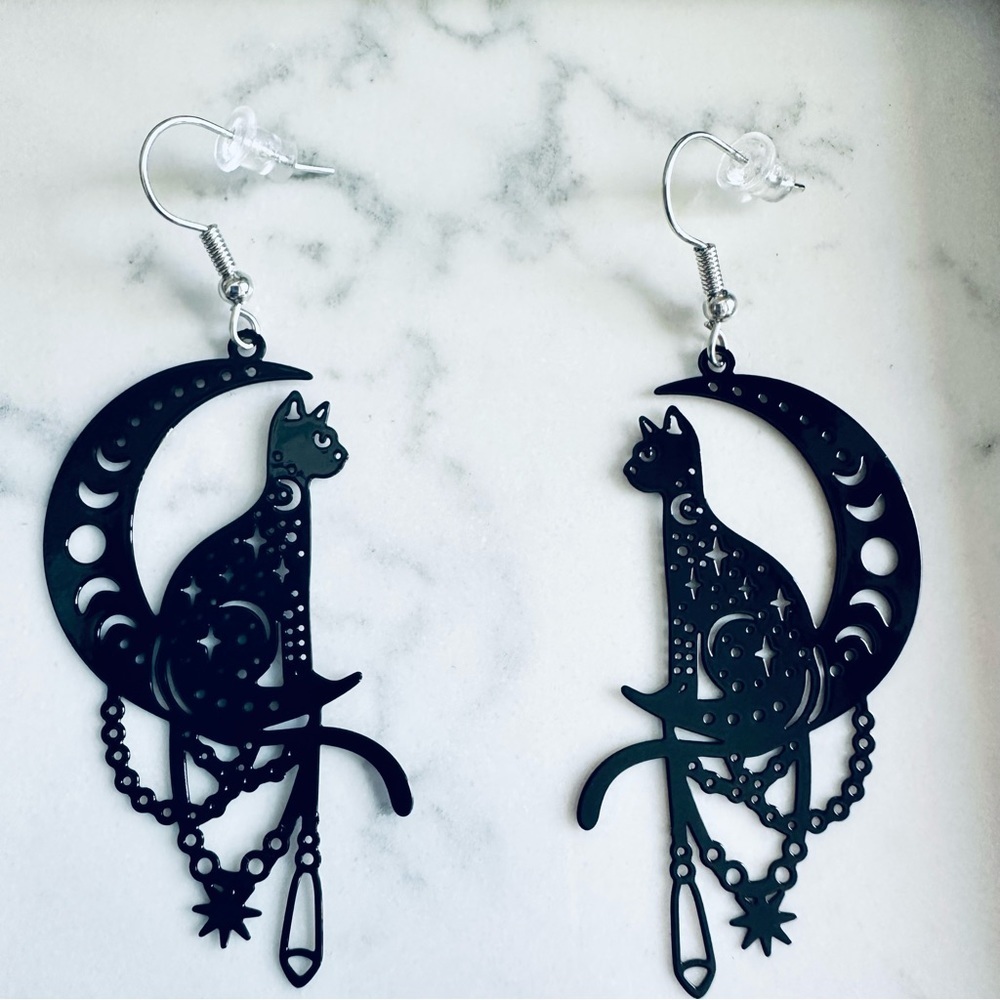 2/$30🌵 Black Cat Peekaboo Crescent Moon Earrings Cutout Spooky Halloween Goth - Picture 4 of 6